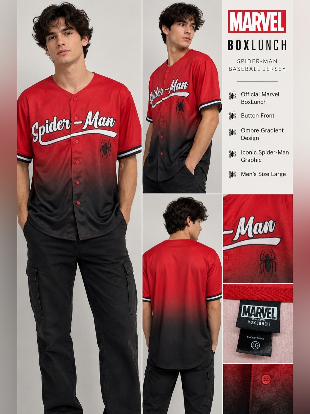 Marvel Spider-Man BoxLunch Red Black Ombré Baseball Jersey Men’s Large
